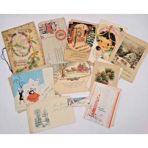 Vintage MCM Christmas Greeting Card Cute Girl Glitter Muff Happy New Year & more - Picture 3 of 16